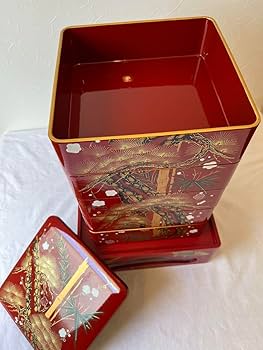 Amazon.co.jp: 会津塗り五段重箱台付き 慶事松竹梅鶴亀柄